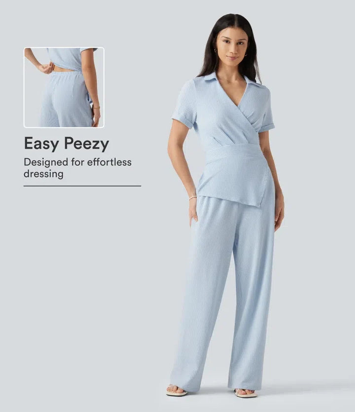 Kortärmad omlott knytning i ryggen randig skrynklad bomull vardaglig skjorta jumpsuit med fickor-Easy Peezy Edition