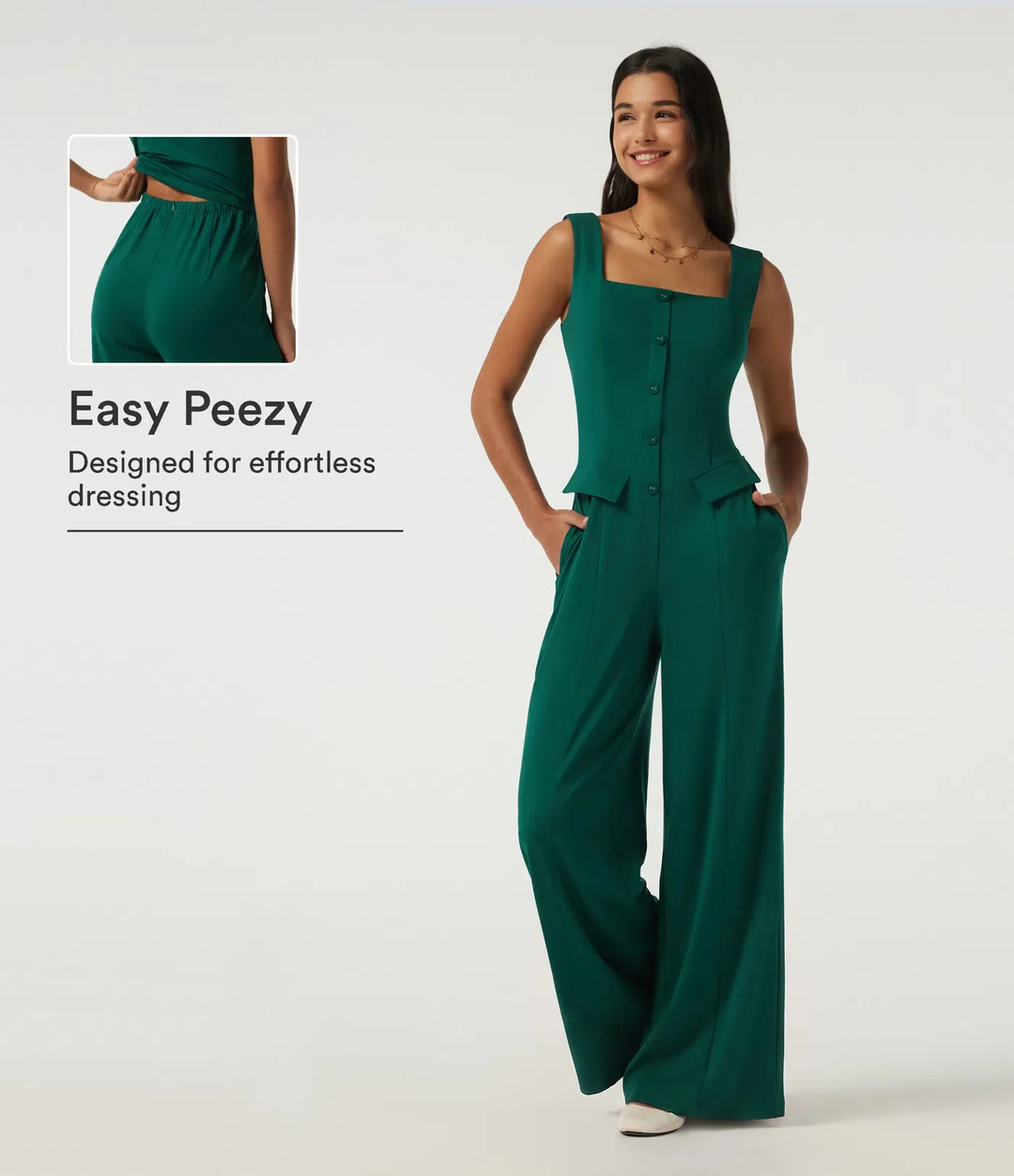 Fyrkantig halsringning ärmlös vida ben vardaglig jumpsuit med fickor-Easy Peezy Edition