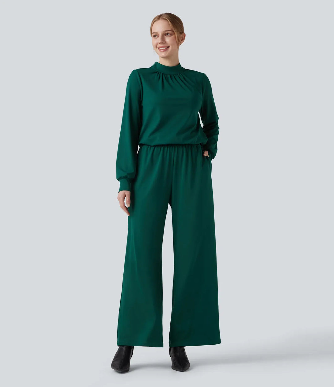 Halvpolo nyckelhålsrygg långärmad vida ben arbetsjumpsuit med fickor