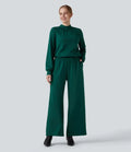 Halvpolo nyckelhålsrygg långärmad vida ben arbetsjumpsuit med fickor