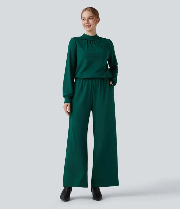 Halvpolo nyckelhålsrygg långärmad vida ben arbetsjumpsuit med fickor