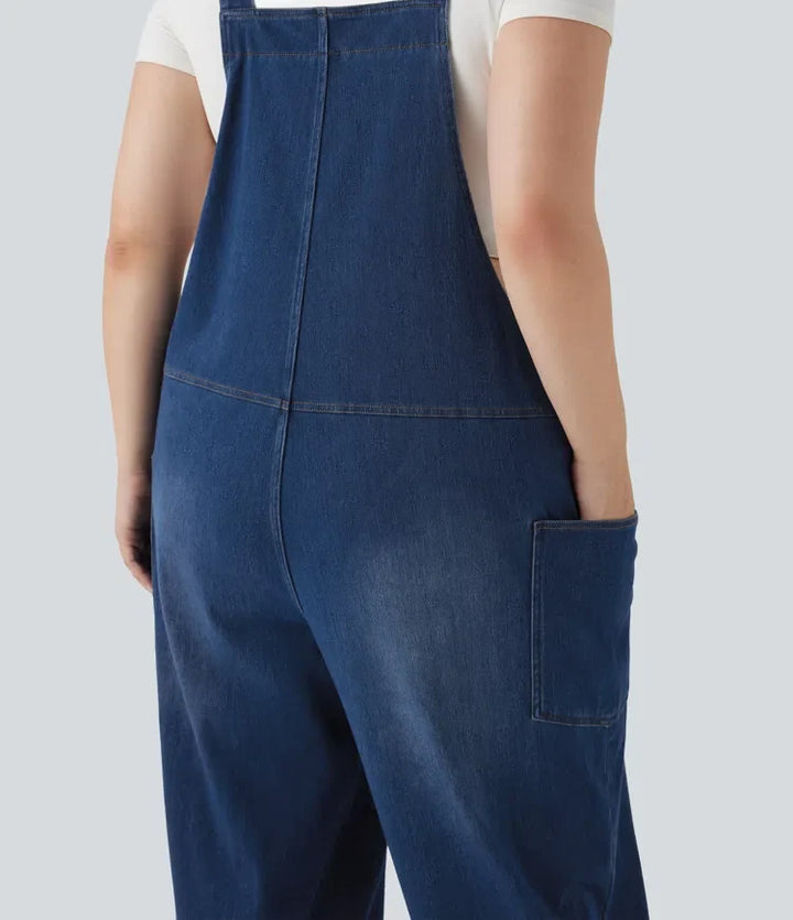 Halara Flex V-ringning tvättad denim för vardag plusstorlek hängselbyxor med fickor