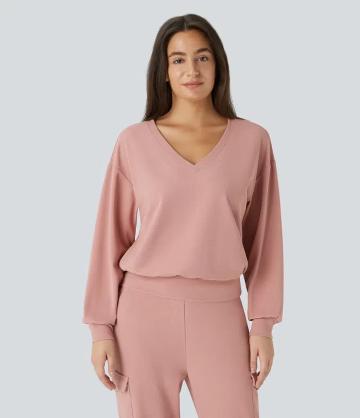V-ringad nedhasad axel långärmad våffelstruktur vardaglig sweatshirt