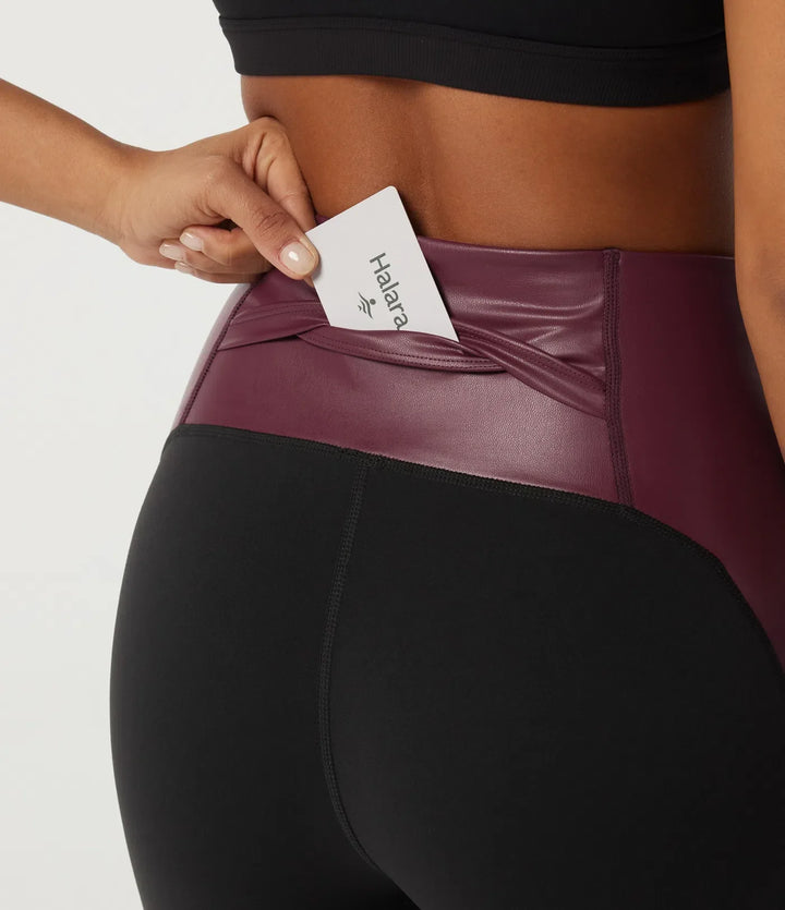 Högmidjad magkontroll färgblock stretchig PU yogaleggings med ficka