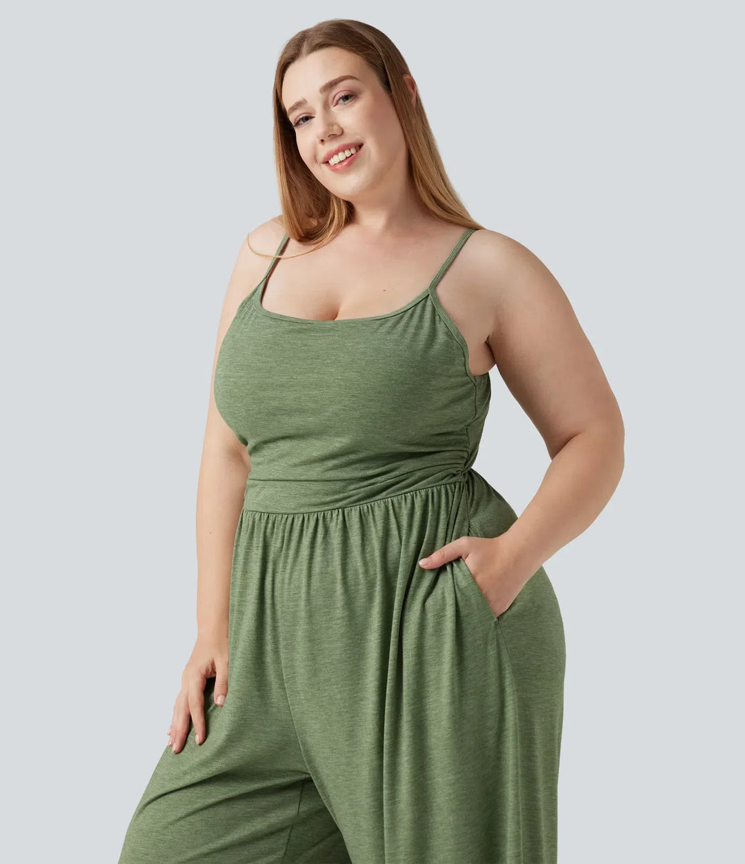 Plusstorlek inbyggd bh rynklad vida ben melerad jumpsuit för vardag med fickor – Easy Peezy-utgåva