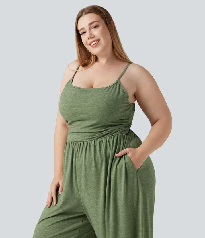 Plusstorlek inbyggd bh rynklad vida ben melerad jumpsuit för vardag med fickor – Easy Peezy-utgåva