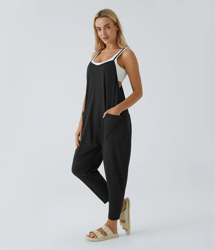 Fickor ankel längd vardaglig lös avsmalnande jumpsuit