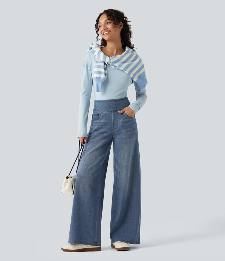 Lyckera Flex denim Heat högmidjad vida ben vardagsjeans med fickor