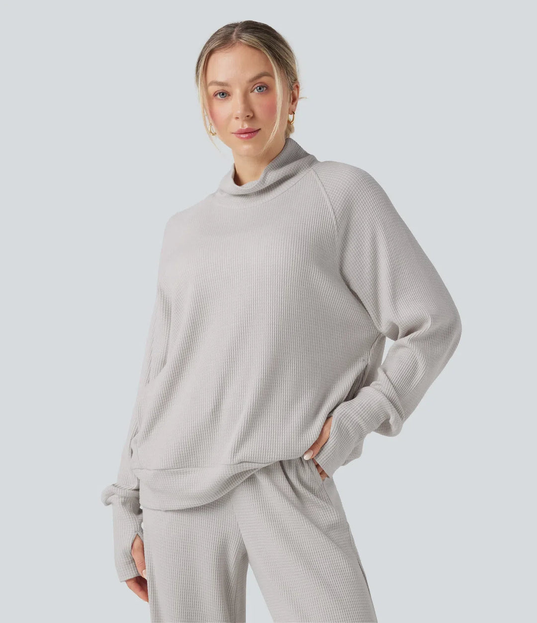 Hög hals långärmad tumhål oversized våffelstruktur vardaglig sweatshirt med fickor