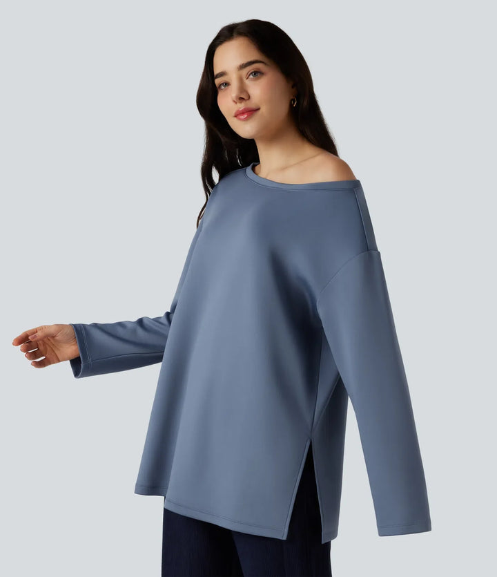 Båtringad långärmad avslappnad vardaglig sweatshirt
