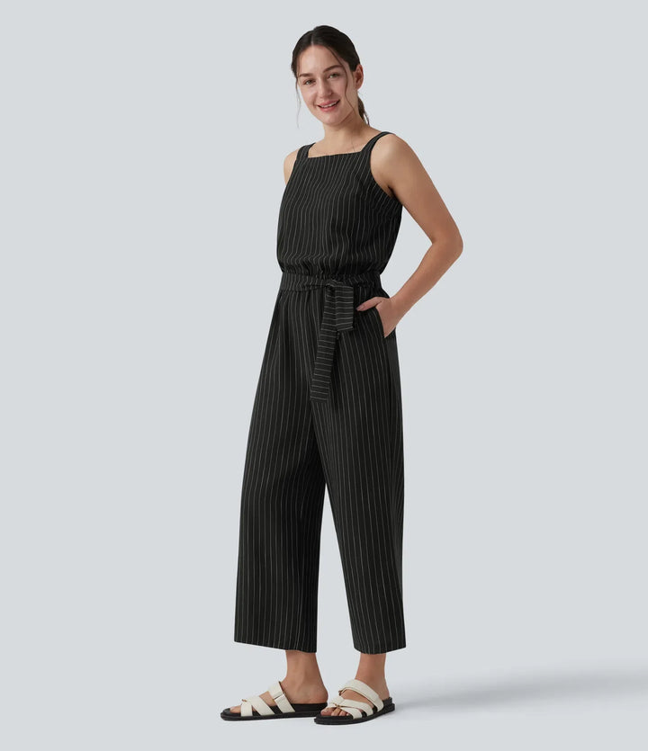 Fyrkantig halsringning justerbara axelband ärmlös bältad ränder vardaglig linnekänsla jumpsuit med fickor-Easy Peezy