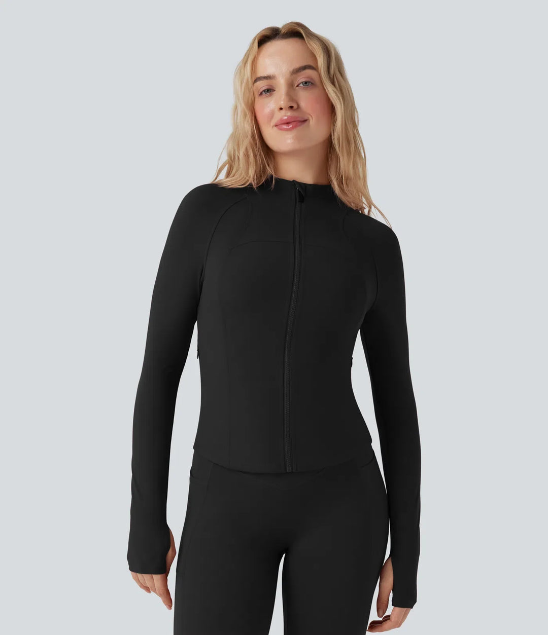 Lyckera UltraSculpt ståkrage långärmad tumhål yoga kurvig jacka med fickor