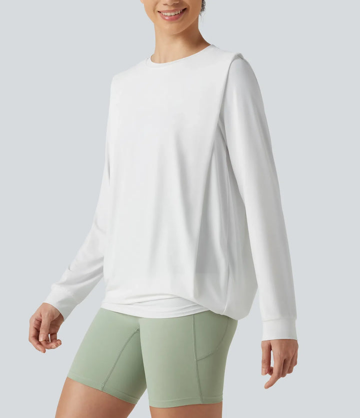 Rund hals långärmad rynkat InstantCool yogasporttopp-längre längd-UPF50+