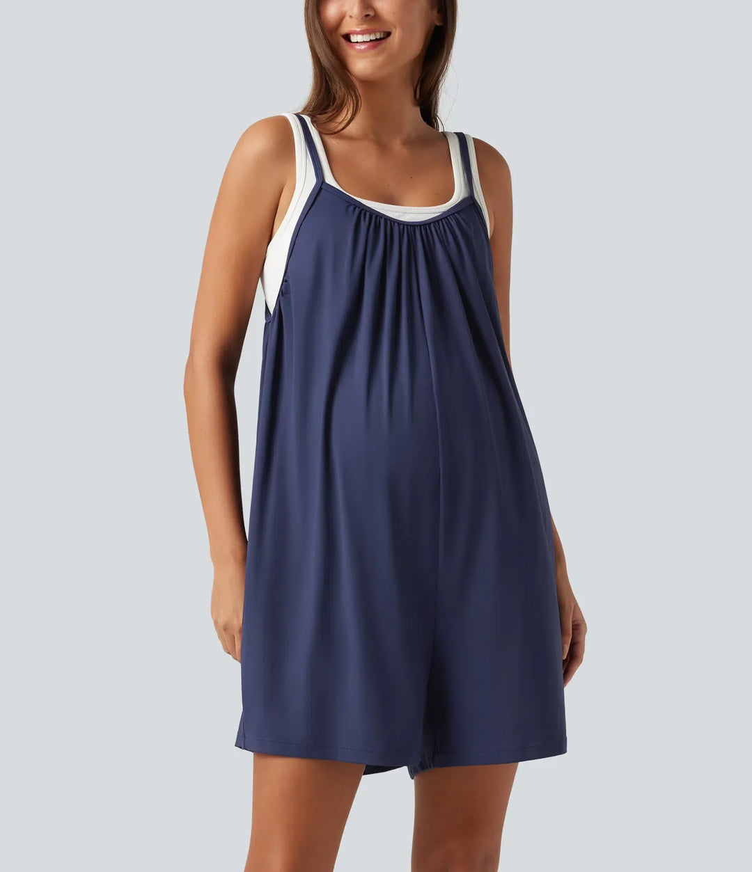 Spaghetti enfärgad vida ben vardaglig mamma playsuit med fickor