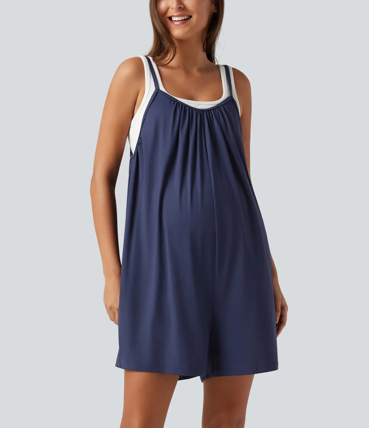 Spaghetti enfärgad vida ben vardaglig mamma playsuit med fickor