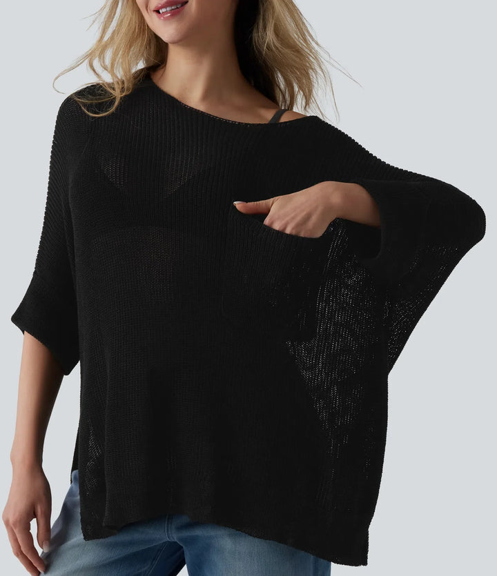 Enaxlad halvlång ärm slits fåll oversized vardaglig tröja med ficka