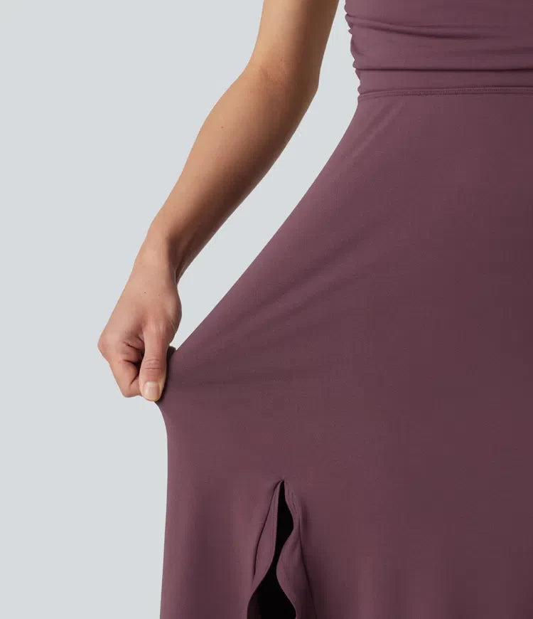 Korsad och bar rygg slits volangkant inbyggd bh midi fest följsam klänning