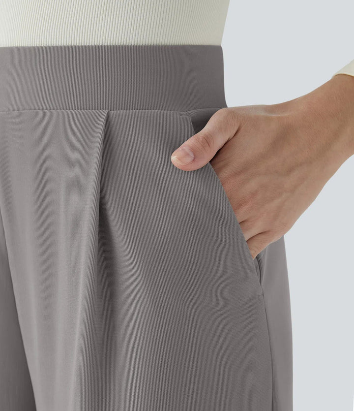 Lyckera Flex högmidjad kropp skulptera Waist-slimmande ficka vida ben mikro våffelstruktur arbetsbyxor