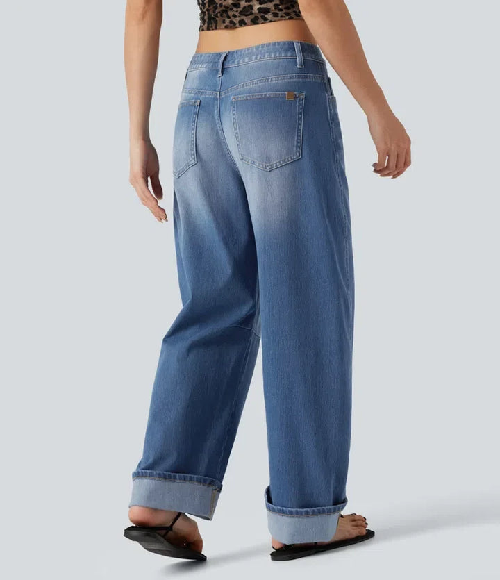 Halara Flex med låg midja upprullad fåll för vardag ballongformade ben jeans med fickor