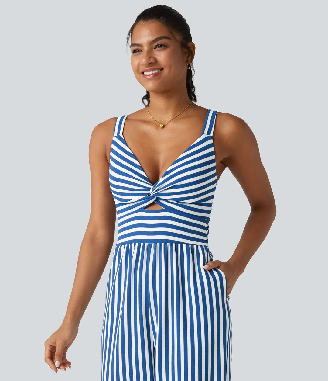 Ärmlös vriden smockad dold dragkedja inbyggd BH ränder våffelstruktur vardaglig jumpsuit med fickor-Easy Peezy