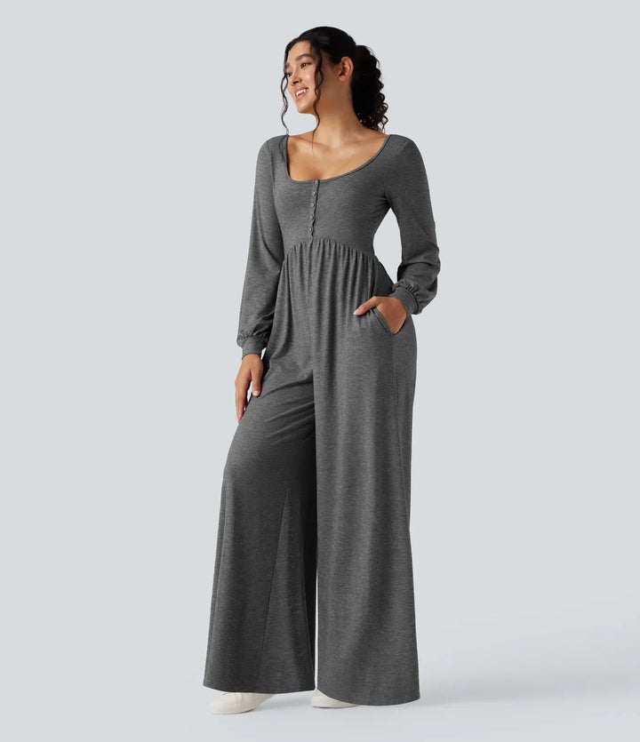 Djup rund halsringning rygglös långärmad melerad vardaglig vida ben jumpsuit med fickor-Easy Peezy
