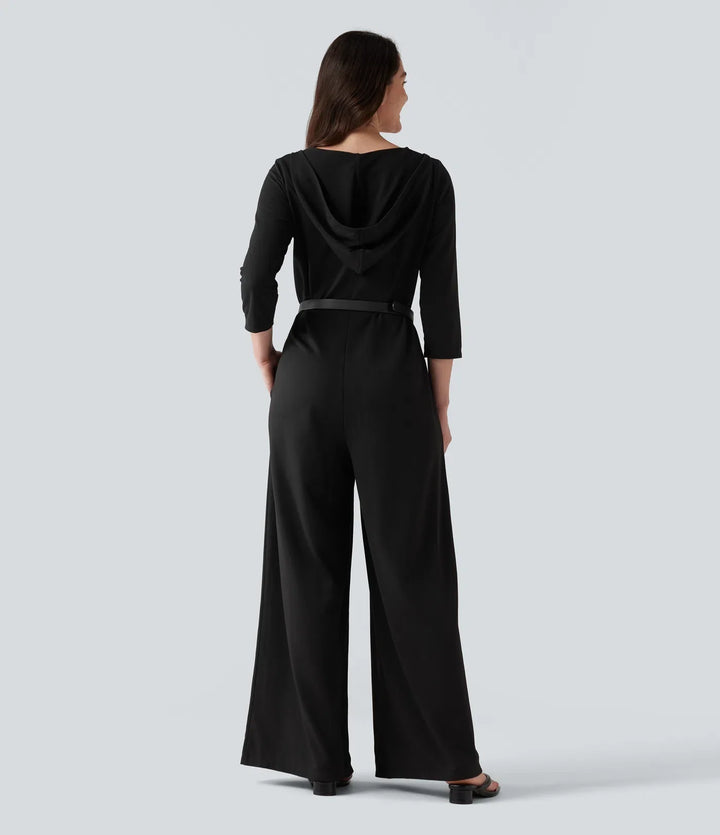 Med huva 3/4 ärm baggy avslappnad vardaglig jumpsuit med fickor