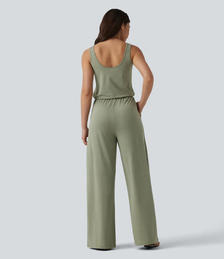 U-ringad ärmlös dragsko melerad vardaglig baggy jumpsuit med fickor-Easy Peezy