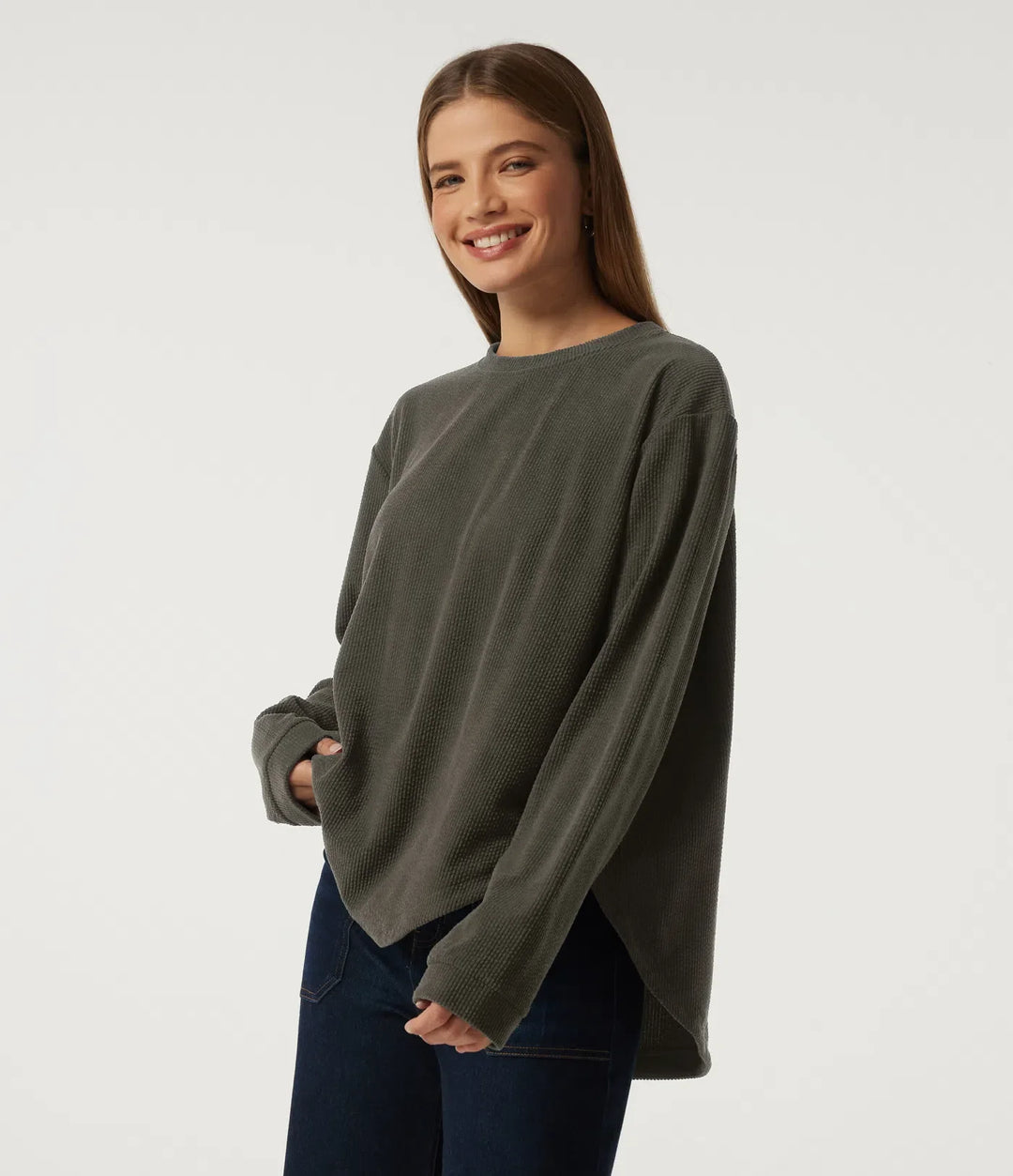 Rund hals långärmad rundad fåll manchester vardaglig sweatshirt