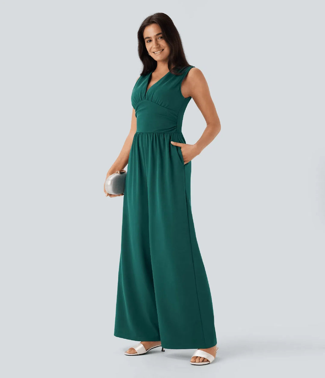 V-ringad ärmlös rynkat ficka jumpsuit-Easy Peezy