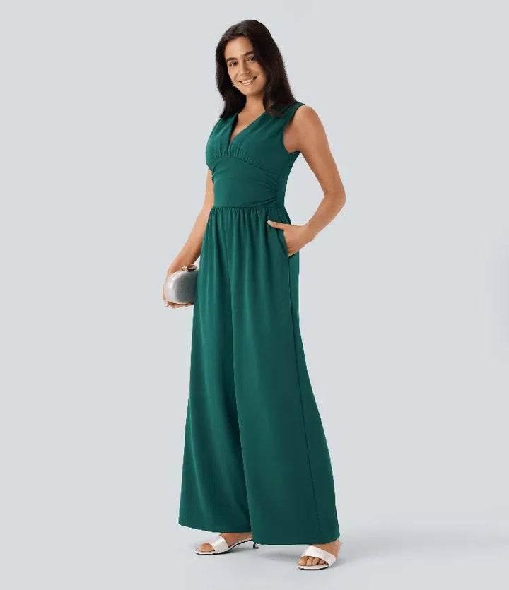 V-ringning ärmlös rynklad ficka jumpsuit – Easy Peezy