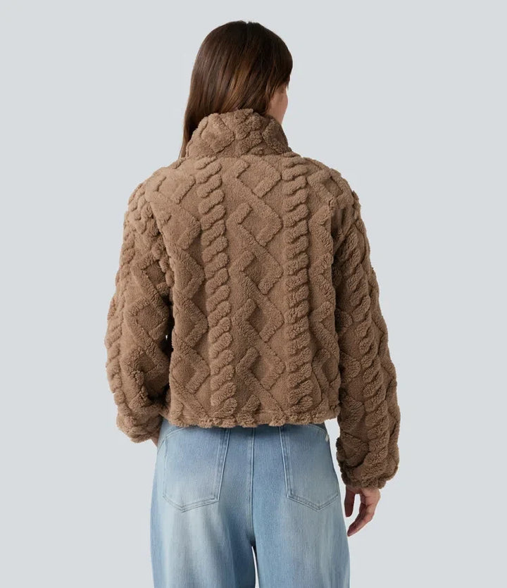 Hög hals dragkedjegylf vardaglig sherpajacka med fickor