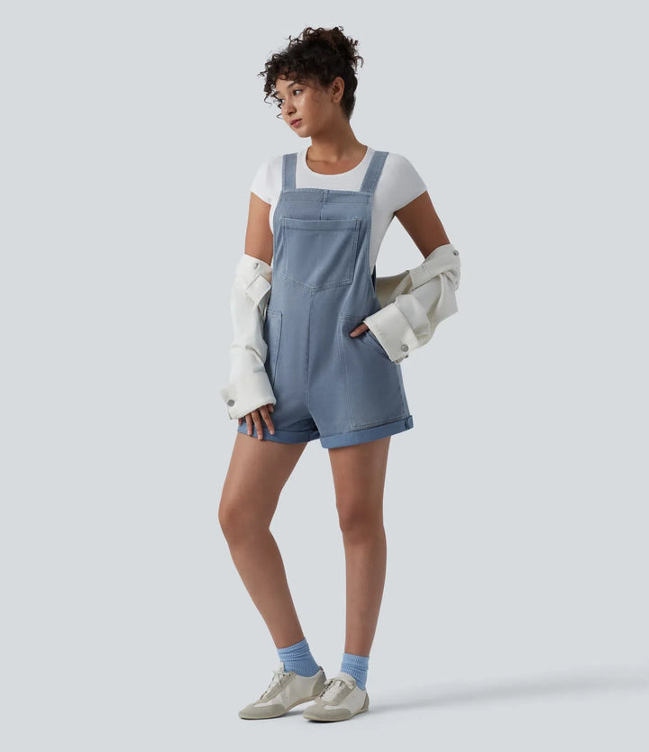 Lyckera Flex fyrkantig halsringning upprullad fåll denim vardaglig kort overall med fickor
