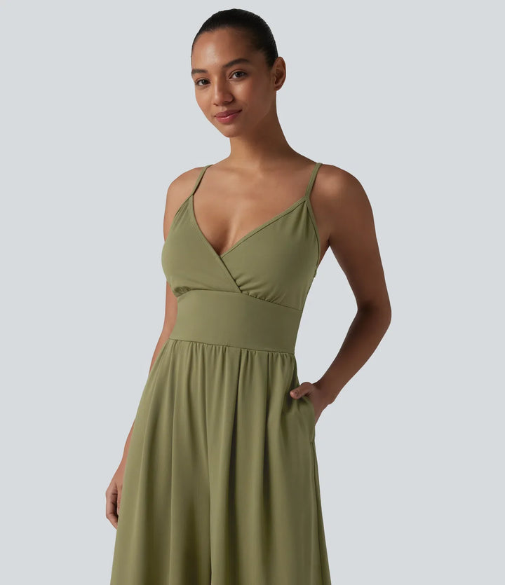 V-ringad inbyggd BH vardaglig slip jumpsuit med fickor-Easy Peezy Edition