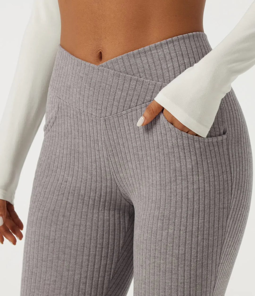 Ribbstickad crossover högmidjad skinny vardagsleggings med fickor
