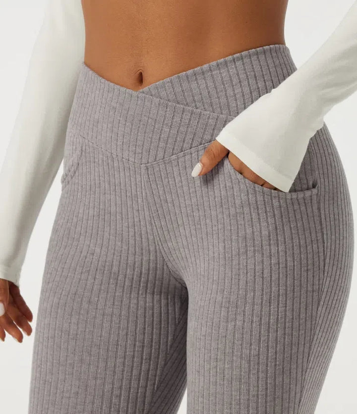 Ribbstickad crossover högmidjad skinny vardagsleggings med fickor