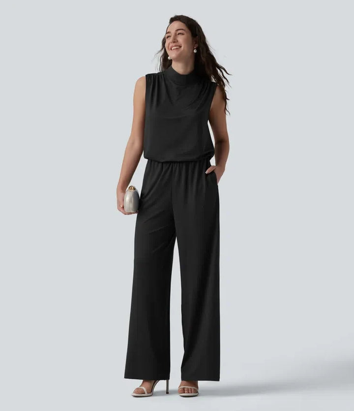 Stående krage ärmlös raka ben brudtärna och bröllopsgäst jumpsuit med fickor – Easy Peezy