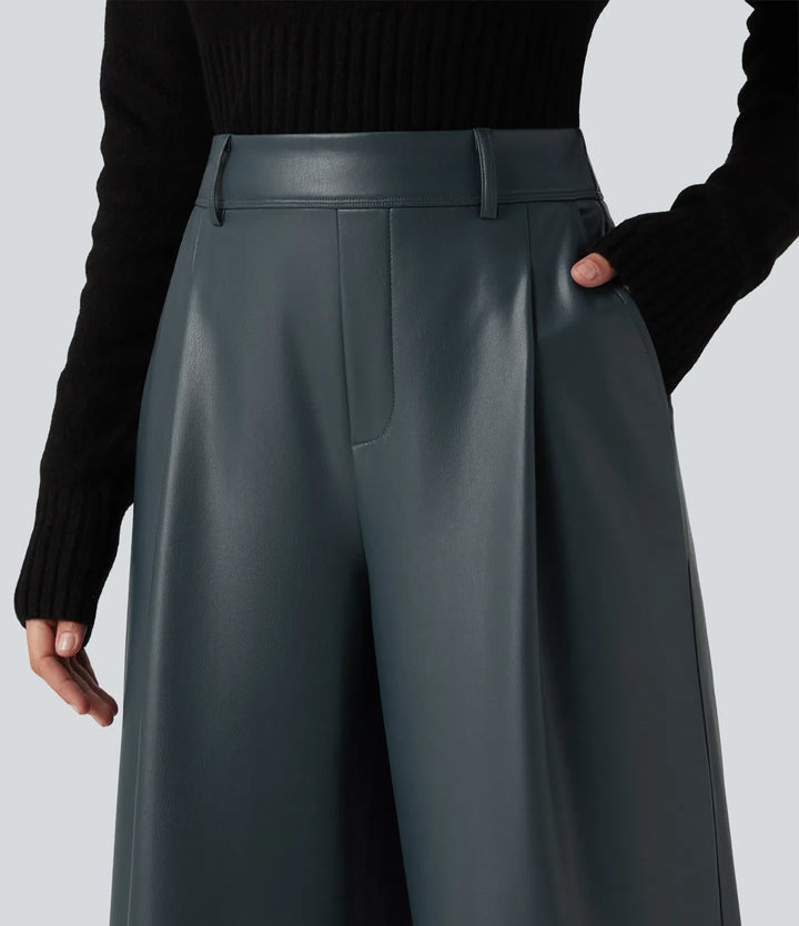 Med hög midja vida ben stretchig PU fleece vardagsbyxor med fickor