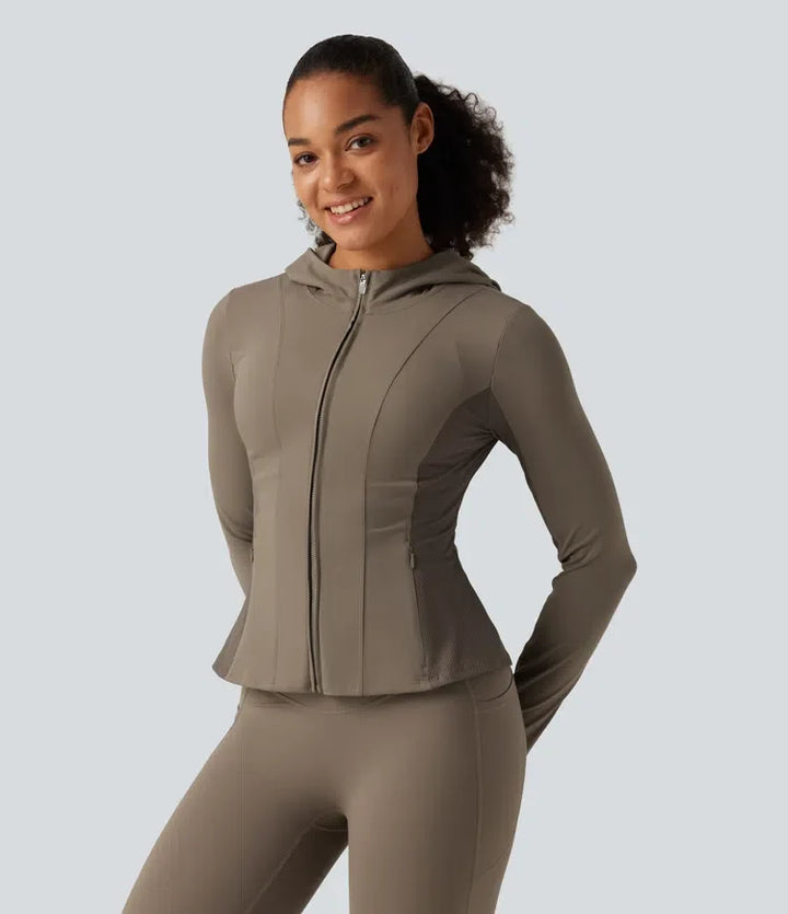 Lyckera UltraSculpt med huva långärmad volangfåll yoga träningsjacka med fickor och tumhål