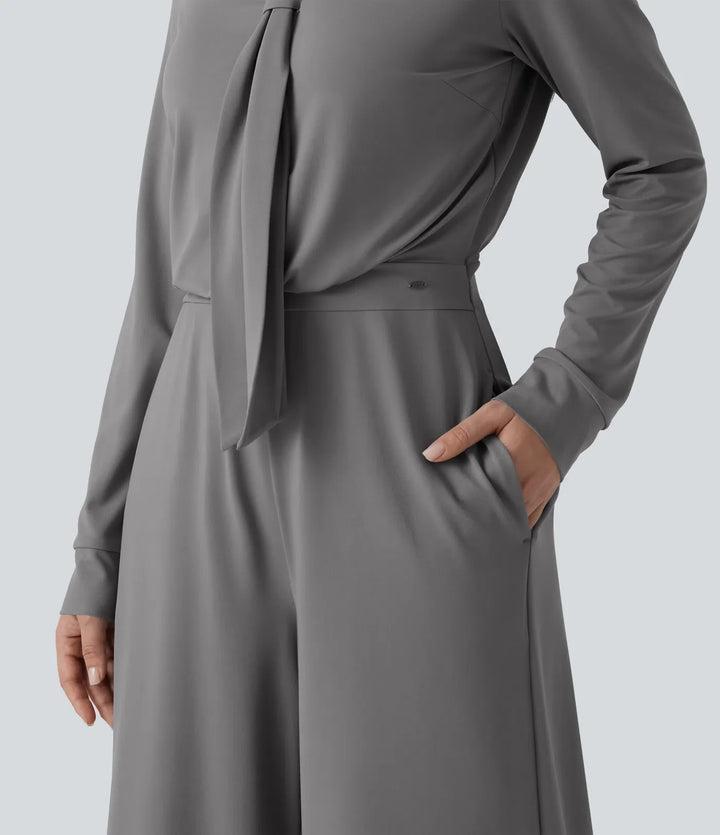 V-ringad långärmad vida ben arbetsjumpsuit med fickor-Easy Peezy Edition