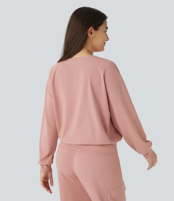 V-ringad nedhasad axel långärmad våffelstruktur vardaglig sweatshirt