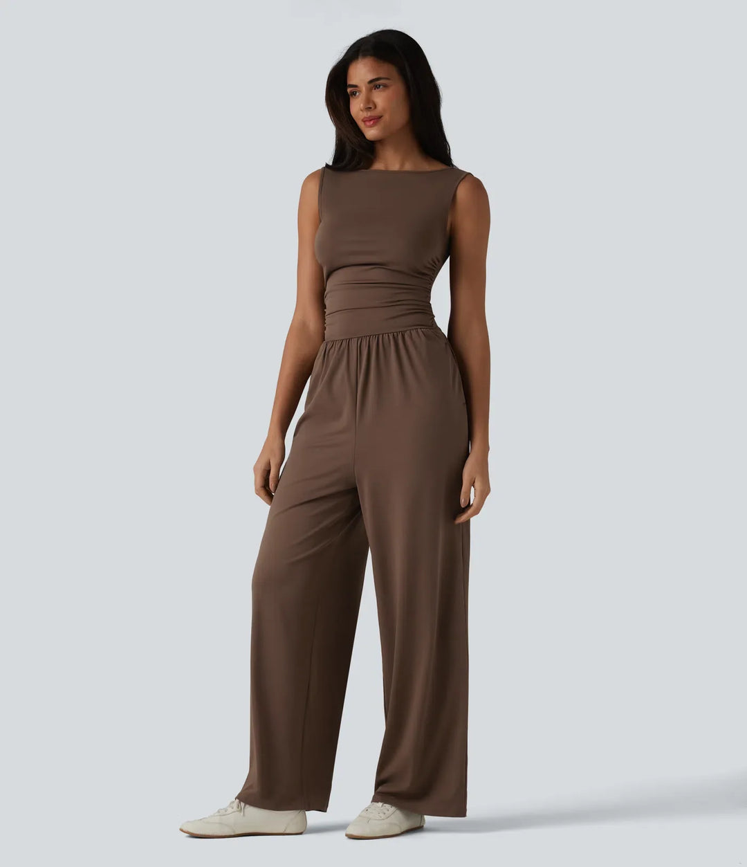 Båtringad ärmlös rynkat vida ben vardaglig jumpsuit med fickor-Easy Peezy Edition