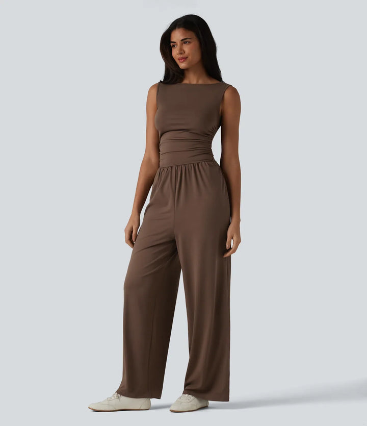 Båtringad ärmlös rynkat vida ben vardaglig jumpsuit med fickor-Easy Peezy Edition