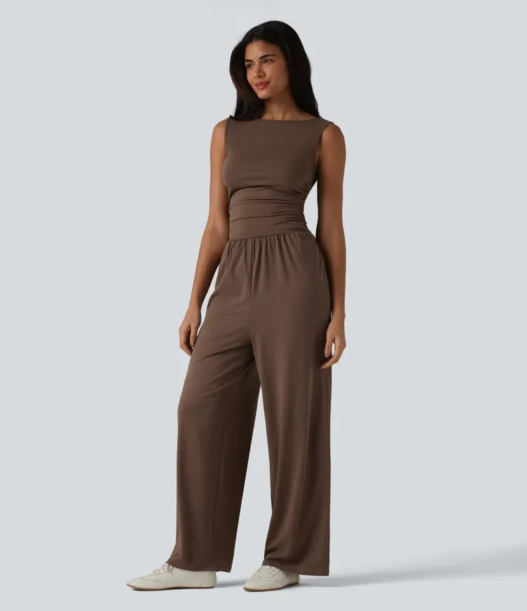 Båtringning ärmlös rynklad vida ben jumpsuit för vardag med fickor – Easy Peezy-utgåva