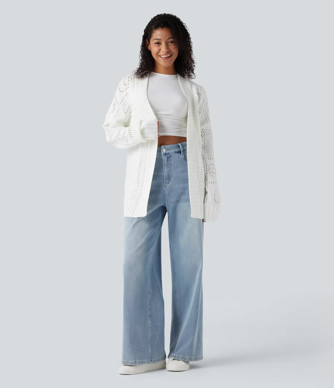 Öppen front långärmad bältad tröja stickad vardaglig cardigan