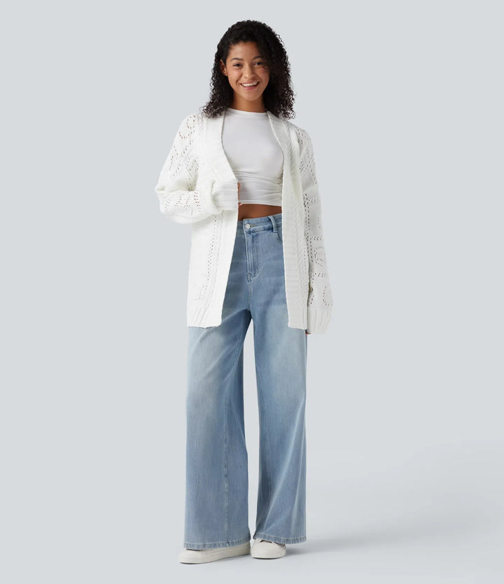 Öppen front långärmad bältad tröja stickad vardaglig cardigan