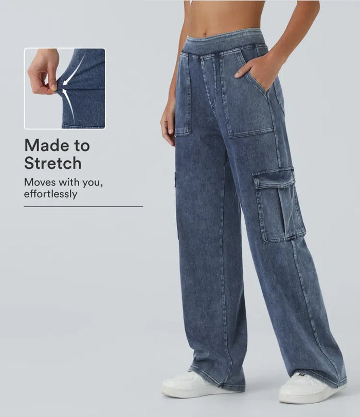 Lyckera Flex medelhög midja fickor raka ben vardaglig cargo jeans
