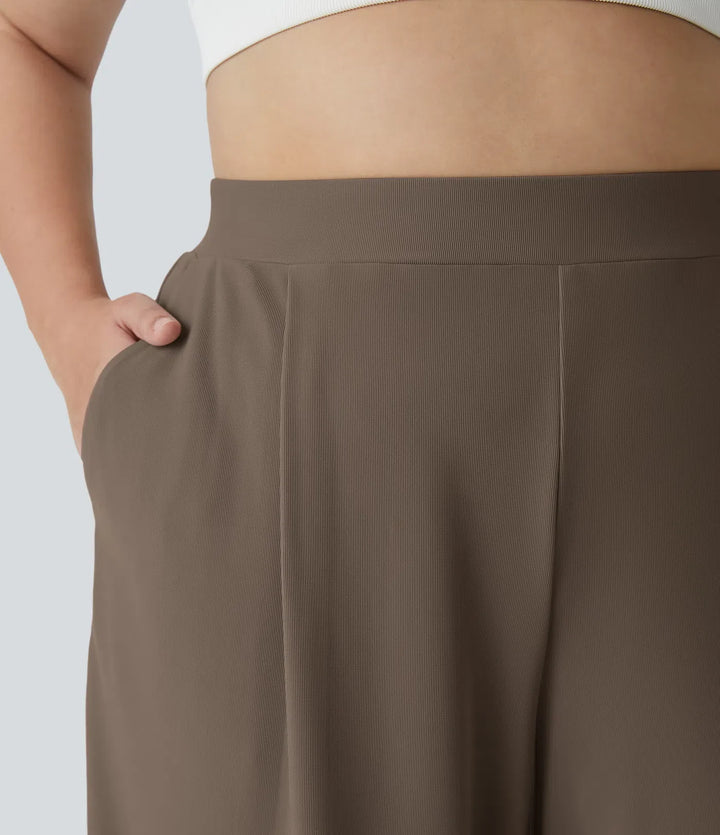 Lyckera Flex högmidjad kropp skulptera Waist-slimmande ficka vida ben mikro våffelstruktur plusstorlek arbetsbyxor