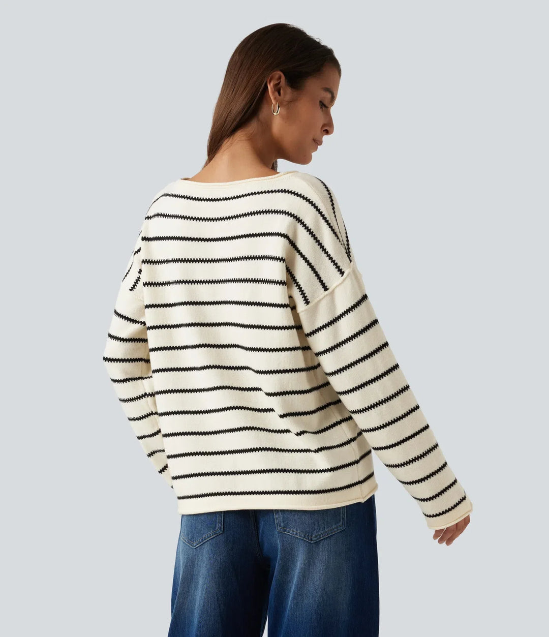 Båtringad långärmad randig upprullad fåll oversized vardaglig tröja