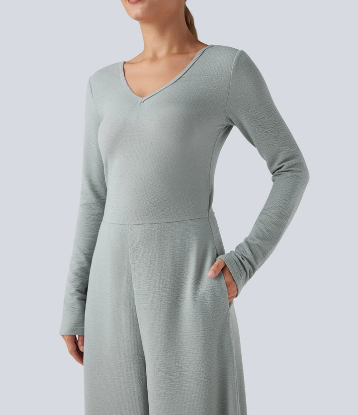 V-ringad långärmad vardaglig jumpsuit med fickor-Easy Peezy Edition