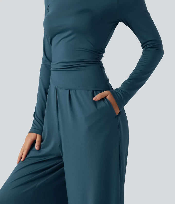 Båtringad långärmad vida ben rynkat vardaglig jumpsuit med fickor-Easy Peezy Edition